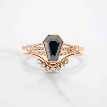 Black Spinel Coffin Engagement Ring Set Gothic Wedding Rings