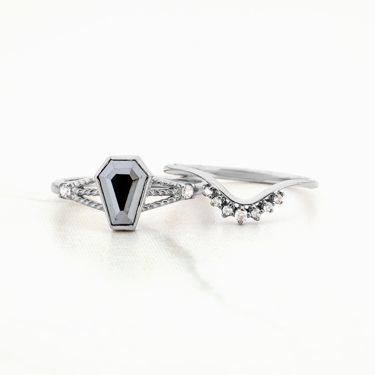 Black Spinel Coffin Engagement Ring Set Gothic Wedding Rings