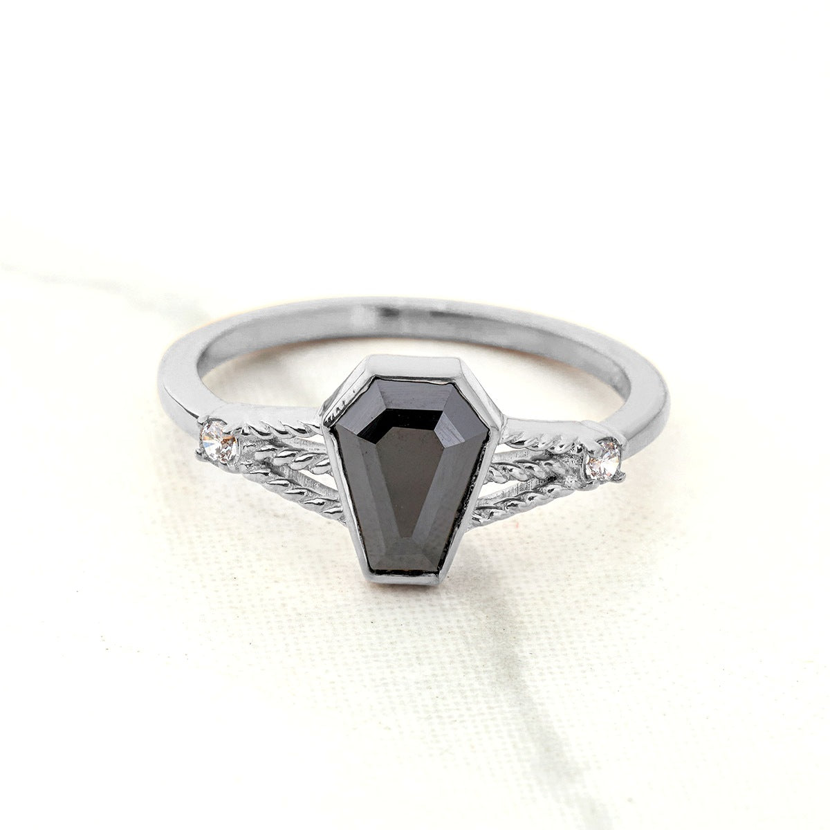 Black Spinel Coffin Ring Coffin Cut Gemstone Engagement Ring Rose gold Sterling Silver