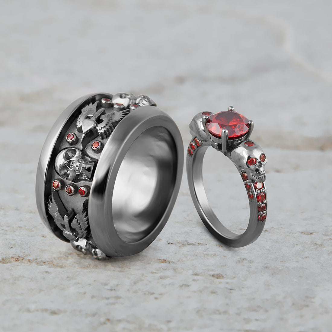 Matching Skull Engagement Ring Set