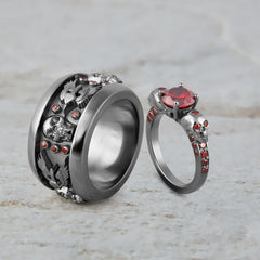 Matching Skull Engagement Ring Set His and Her Gothic Rings 2pc