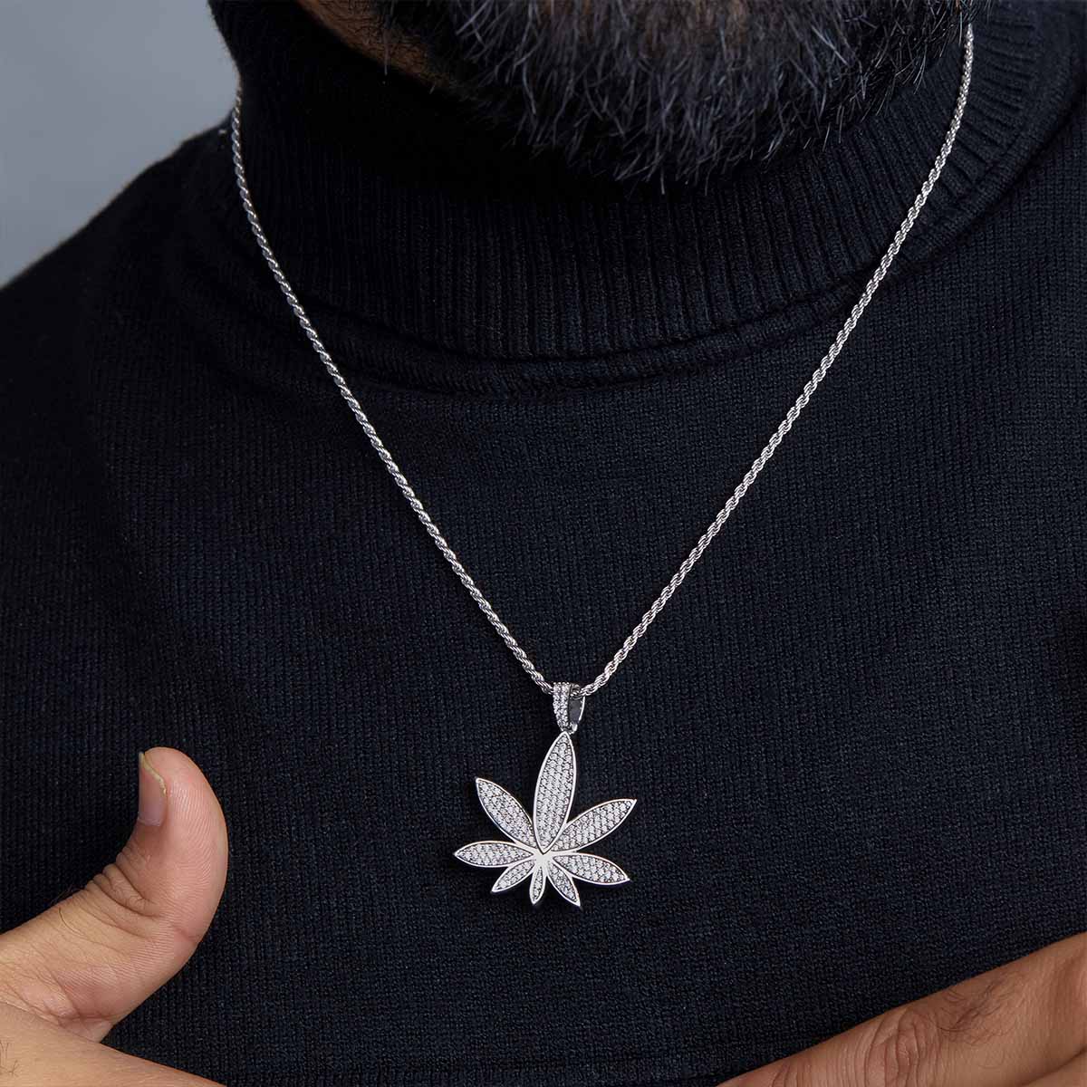 Marijuana Pendant Necklace Hip Hop Iced Out Jewelry Cannabis Leaf 420 Day Sterling Silver Diamond Cubic Zirconia