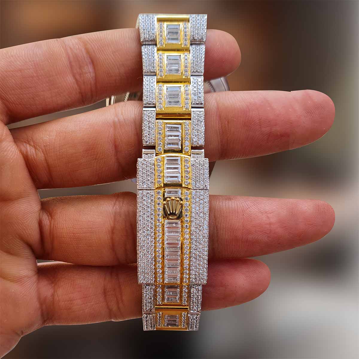 Moissanite Diamond Iced Out Rolex Watch Grey Dial Automatic Swiss ETA Analog Two Tone