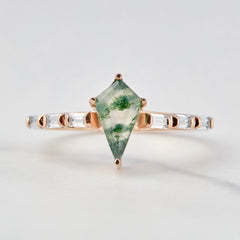 Natural Moss Agate Kite Cut Ring Baguette Diamond Engagement Ring