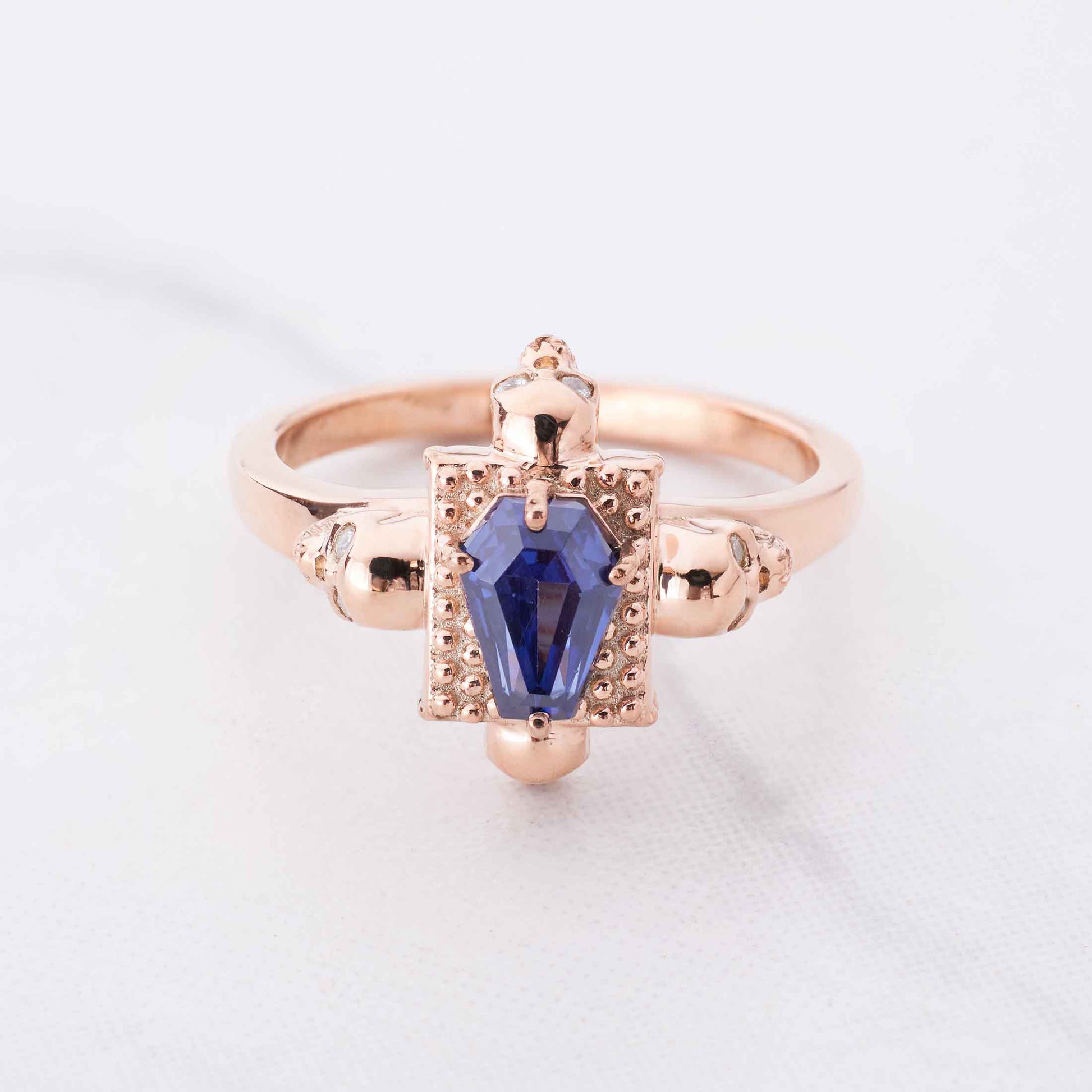 Skull Coffin Ring for Women Rose Gold Gothic Engagement Rings Blue Gemstone