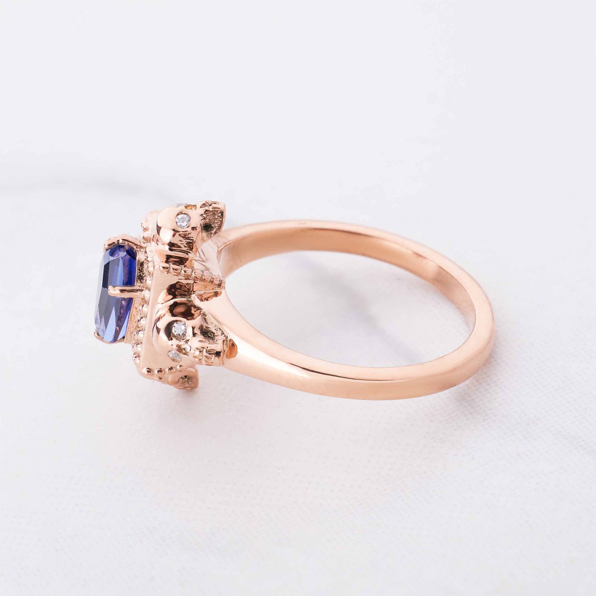Skull Coffin Ring for Women Rose Gold Gothic Engagement Rings Blue Gemstone