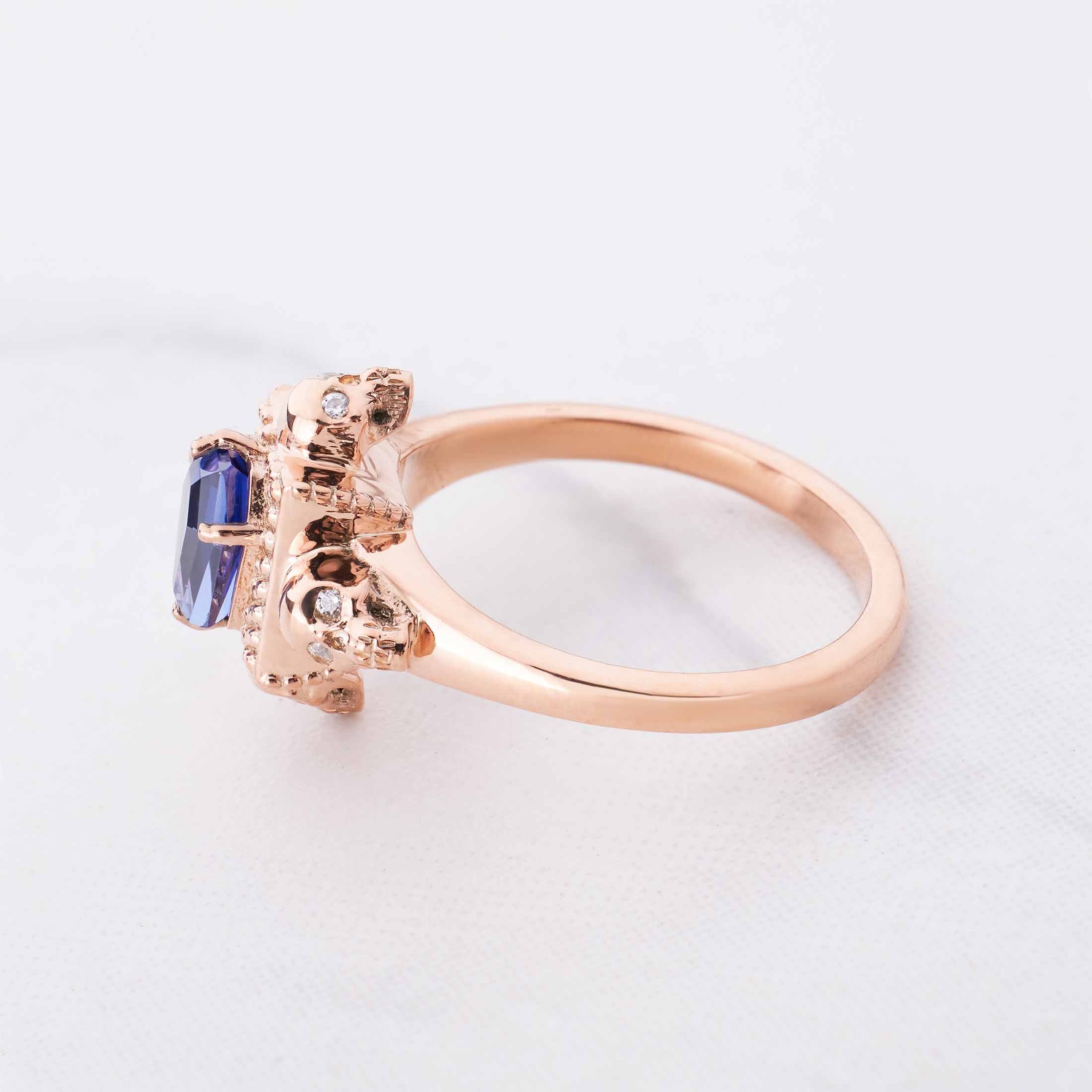 Skull Coffin Ring for Women Rose Gold Gothic Engagement Rings Blue Gemstone