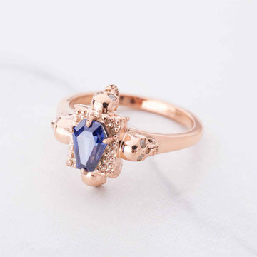Skull Coffin Ring for Women Rose Gold Gothic Engagement Rings Blue Gemstone