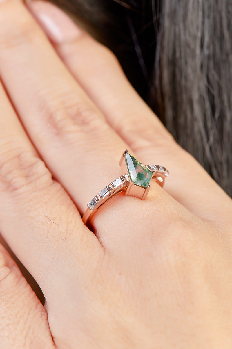 Natural Moss Agate Kite Cut Ring