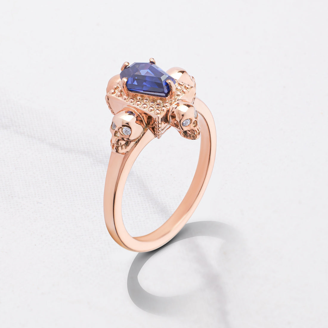 Skull Coffin Ring for Women Rose Gold Gothic Engagement Rings Blue Gemstone