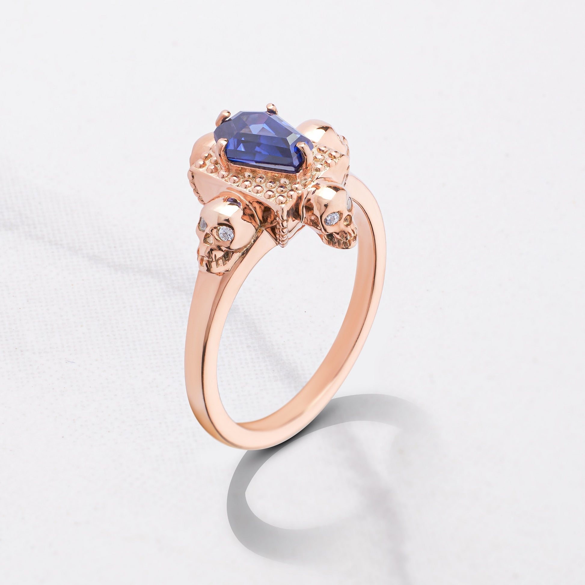 Skull Coffin Ring for Women Rose Gold Gothic Engagement Rings Blue Gemstone