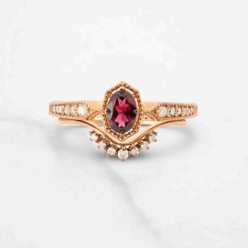Rhodolite Engagement Ring Set Art Deco Vintage Bridal Rings rose Gold