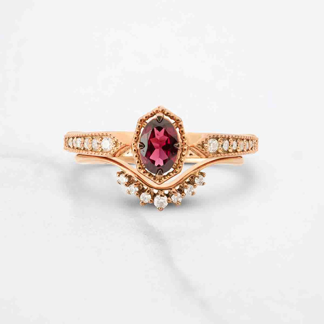 Rhodolite Engagement Ring Set Vintage Inspired Bridal Rings