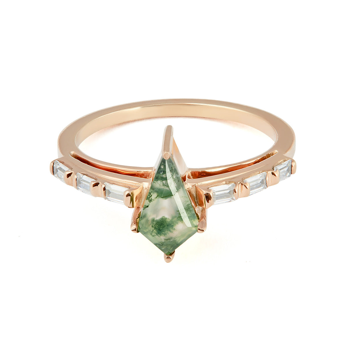 Promise ring with a kite-cut moss agate center stone, flanked by baguette diamond side accents.