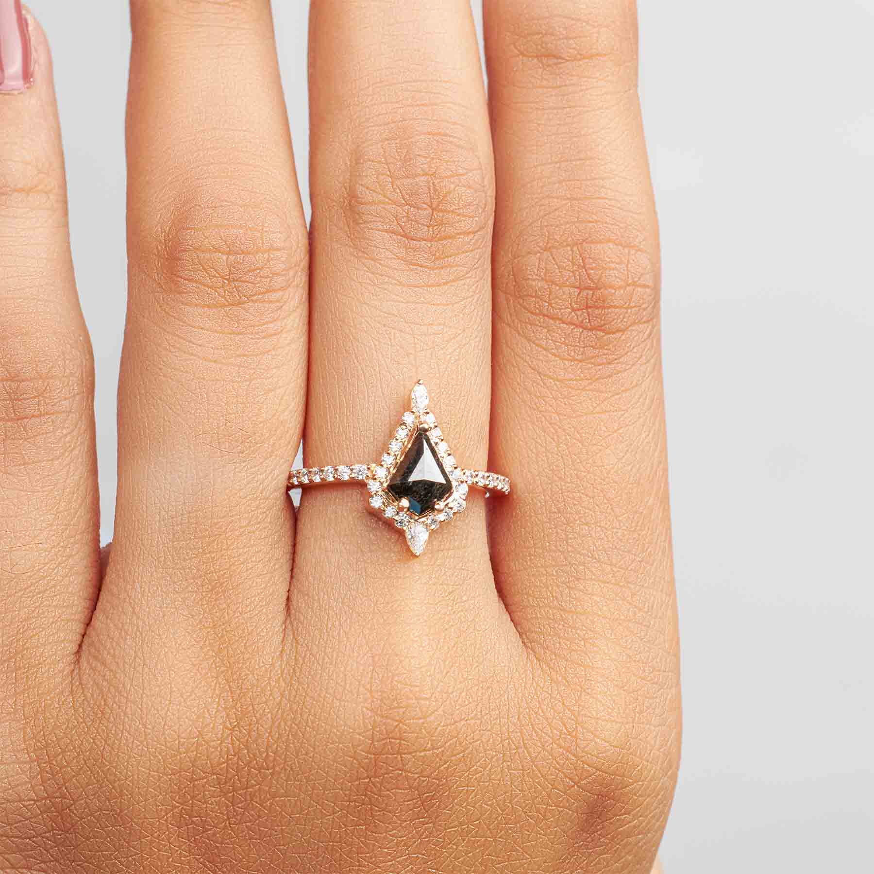 Kite Cut Black Rustic Diamond Halo Moissanite Engagement Ring