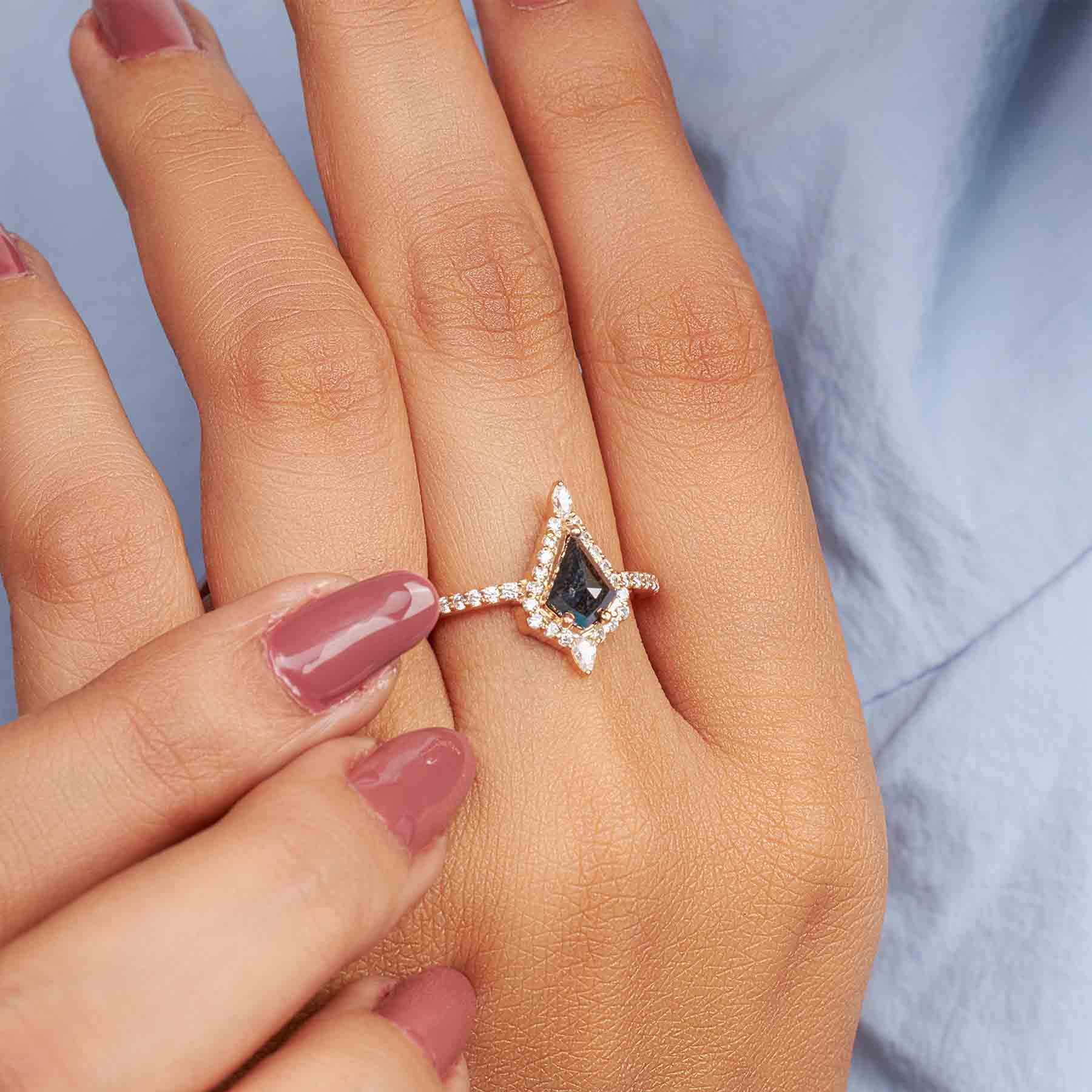 Kite Cut Black Rustic Diamond Halo Moissanite Engagement Ring