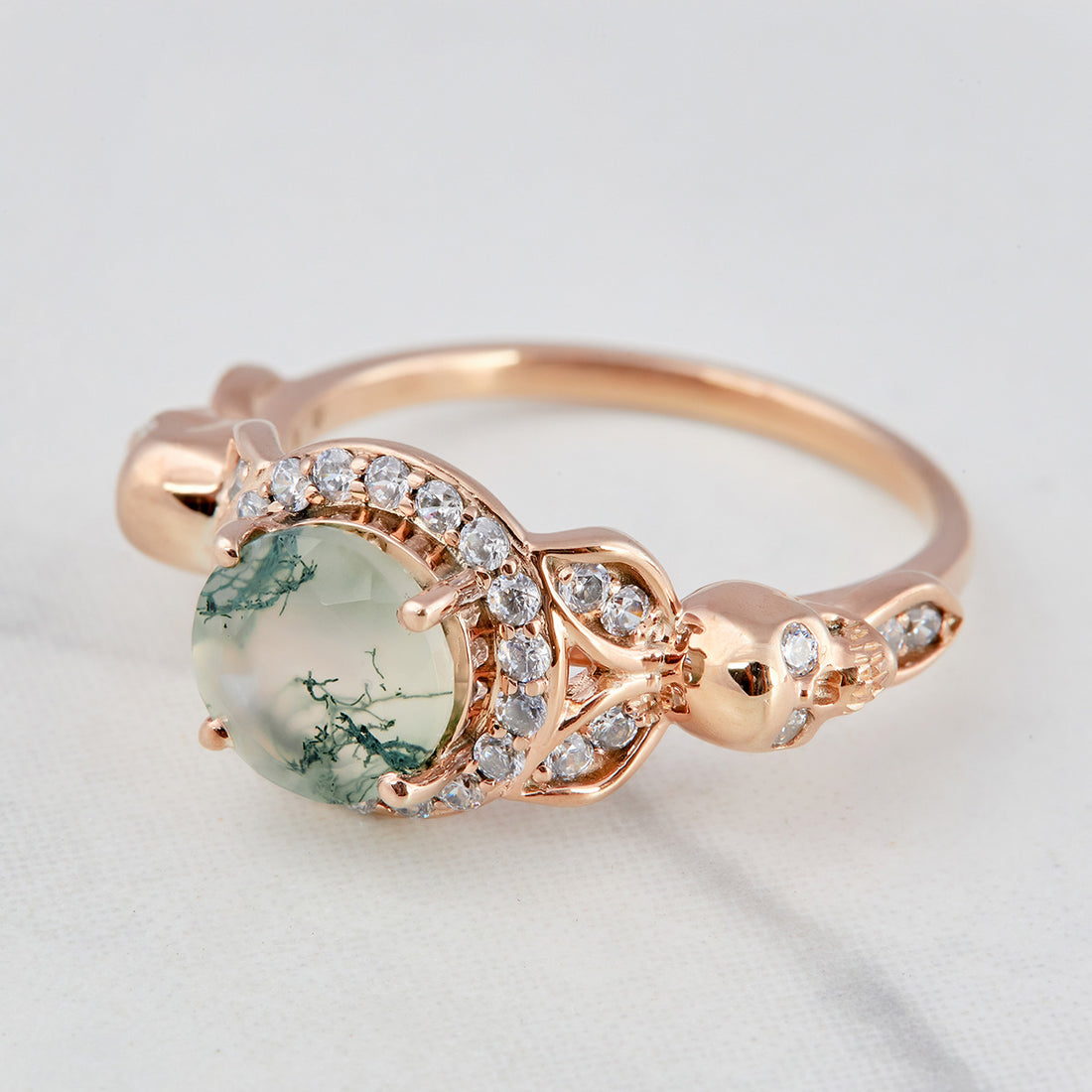 Moss Agate Skull Engagement Ring