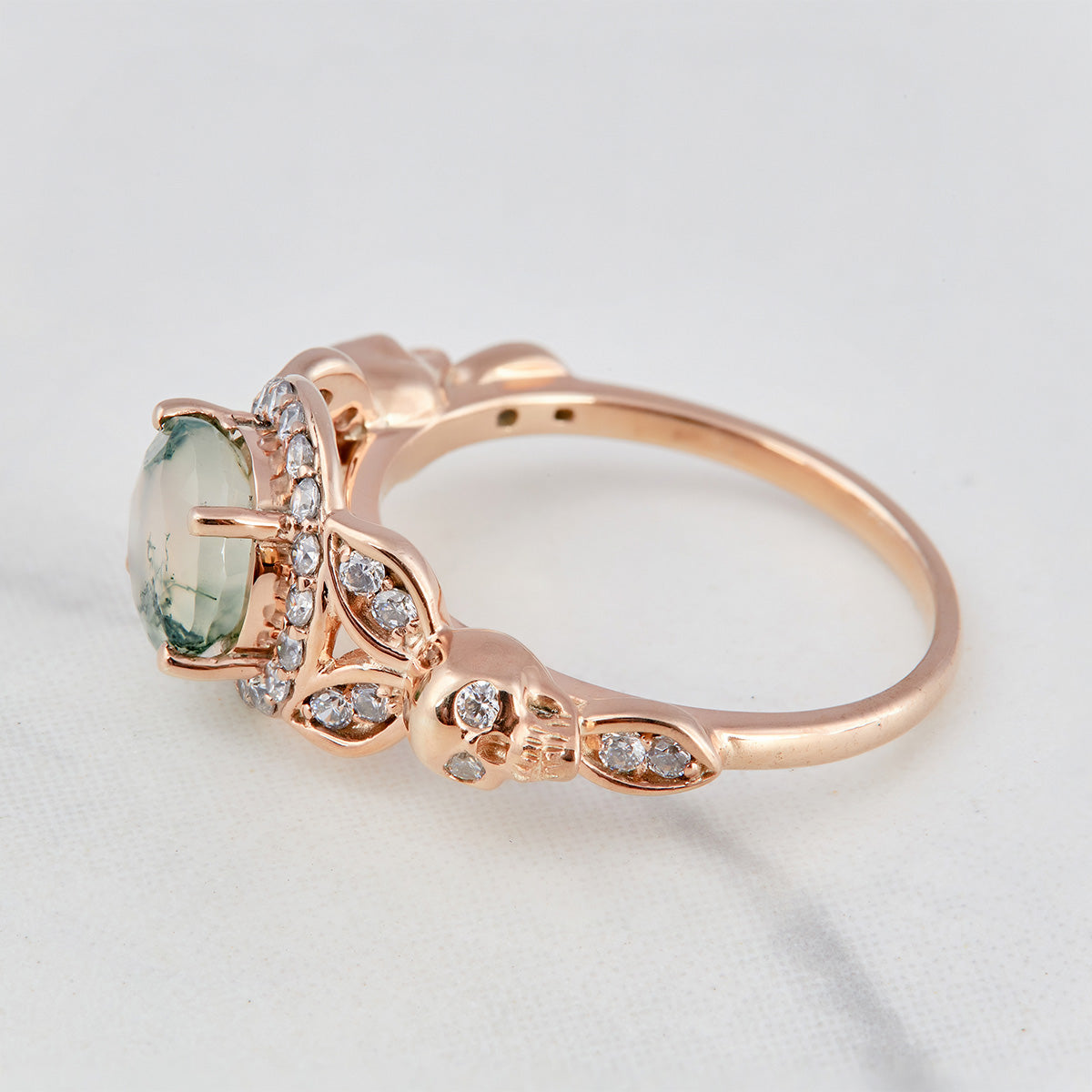 Moss Agate Skull Ring for Women Gothic Engagement Ring Silver
