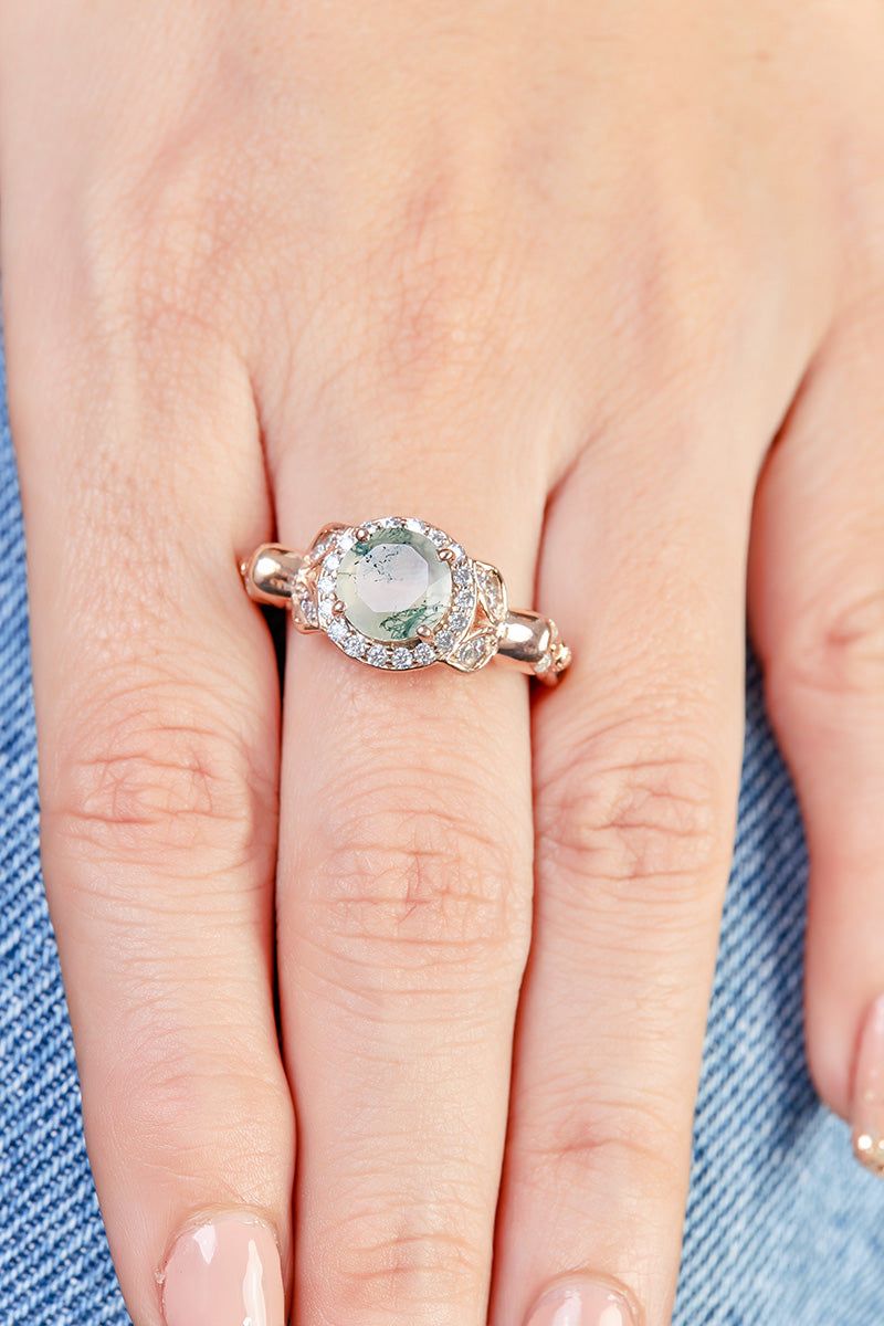 Moss Agate Skull Ring for Women Gothic Engagement Ring Silver