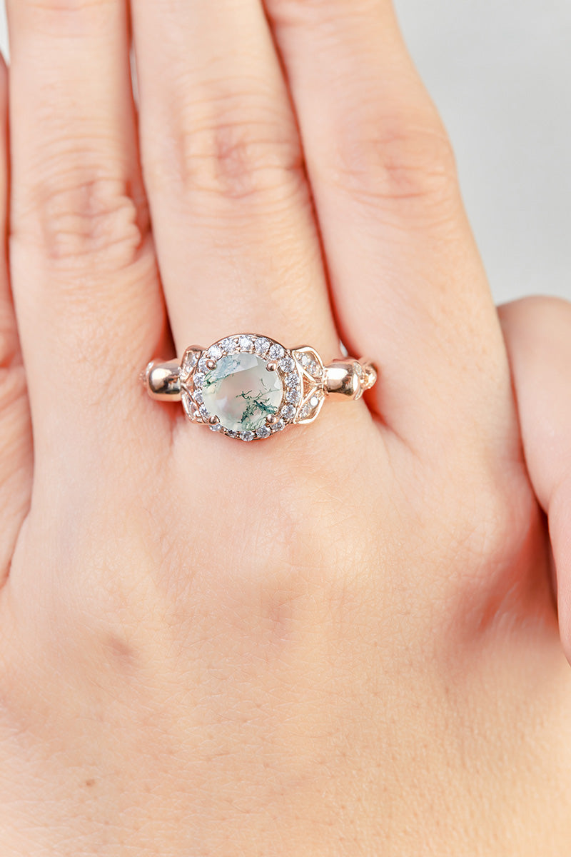 Moss Agate Skull Ring for Women Gothic Engagement Ring Silver