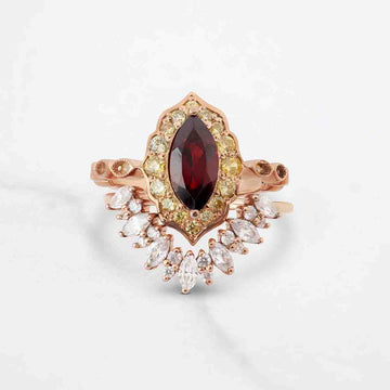 1920's Vintage Inspired Bridal Ring Set Marquise Cut Red Garnet