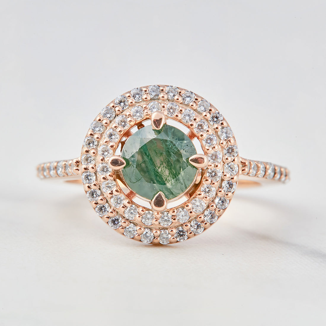 Double Halo Moss Agate Engagement Ring