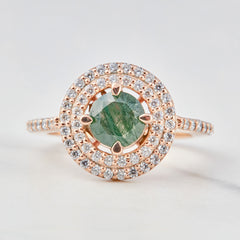 Double Halo Moss Agate Ring for Women Rose Gold Plated Silver