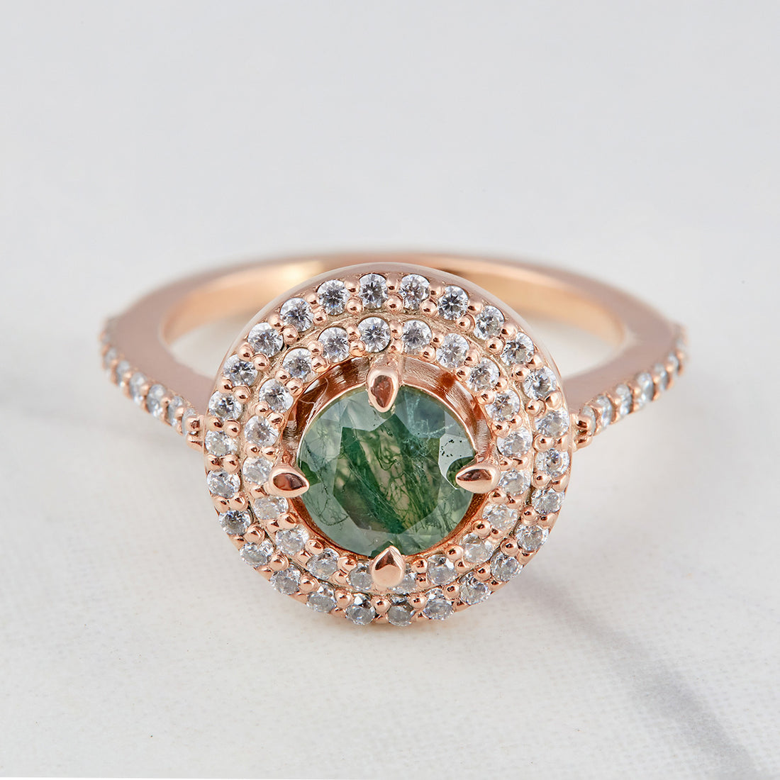 Double Halo Moss Agate Ring