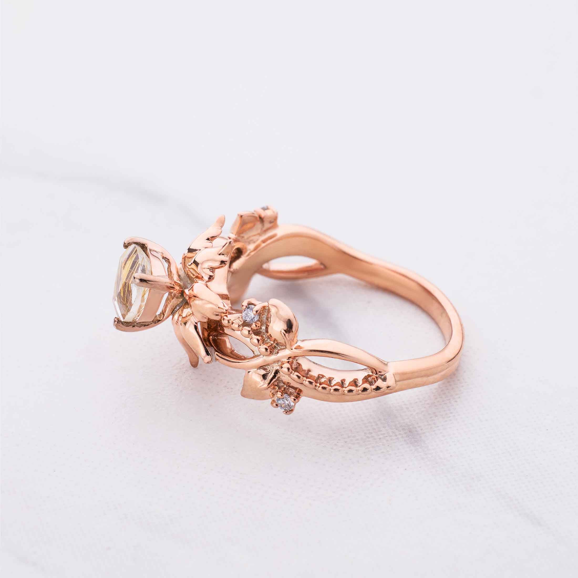 Yellow Rutilated Quartz Ring Floral Flower Art Deco Engagement Rings Rose Gold Infinity