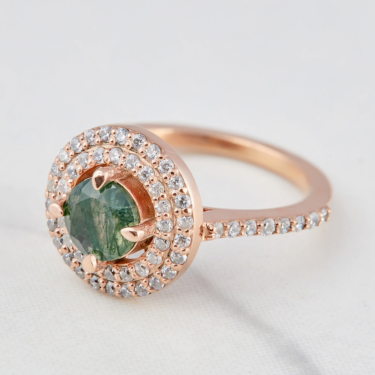 0.80CT Moss Agate Engagement Ring Set Double Halo Moissanite