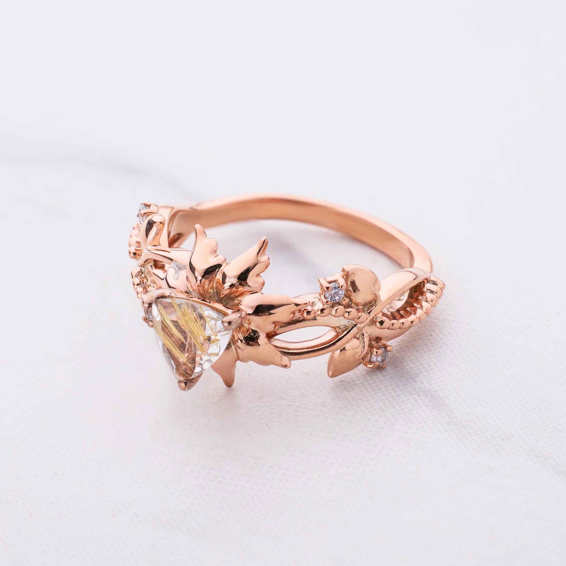 Yellow Rutilated Quartz Ring Floral Flower Art Deco Engagement Rings Rose Gold Infinity