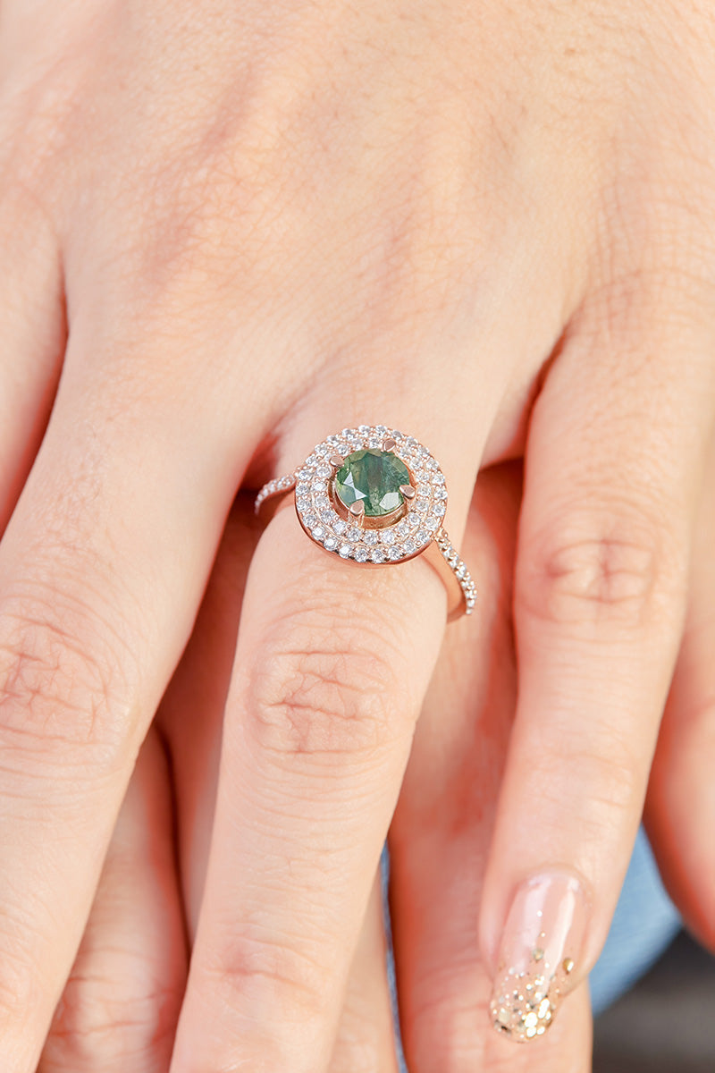 0.80CT Moss Agate Engagement Ring Set Double Halo Moissanite