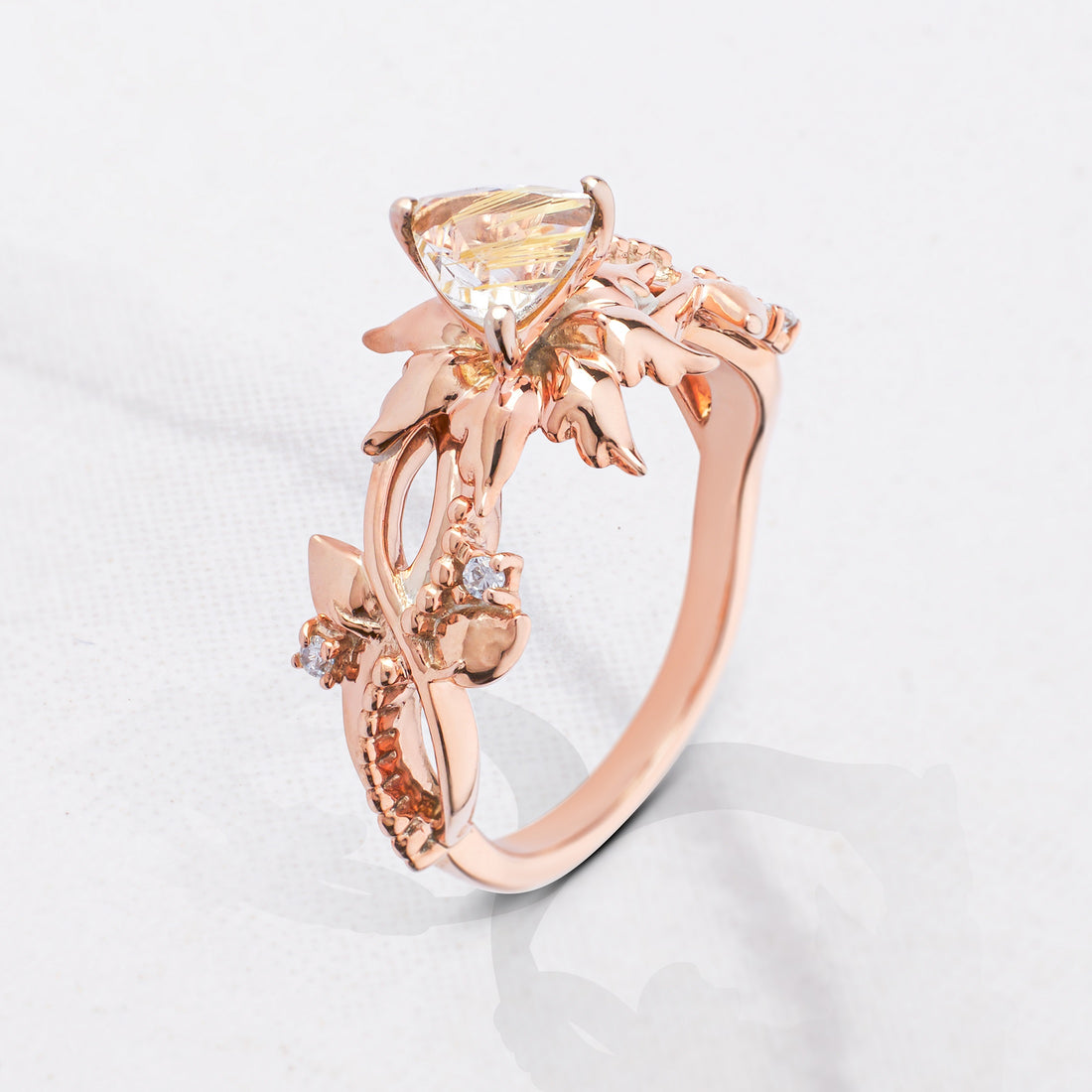 Yellow Rutilated Quartz Ring Floral Flower Art Deco Engagement Rings Rose Gold Infinity