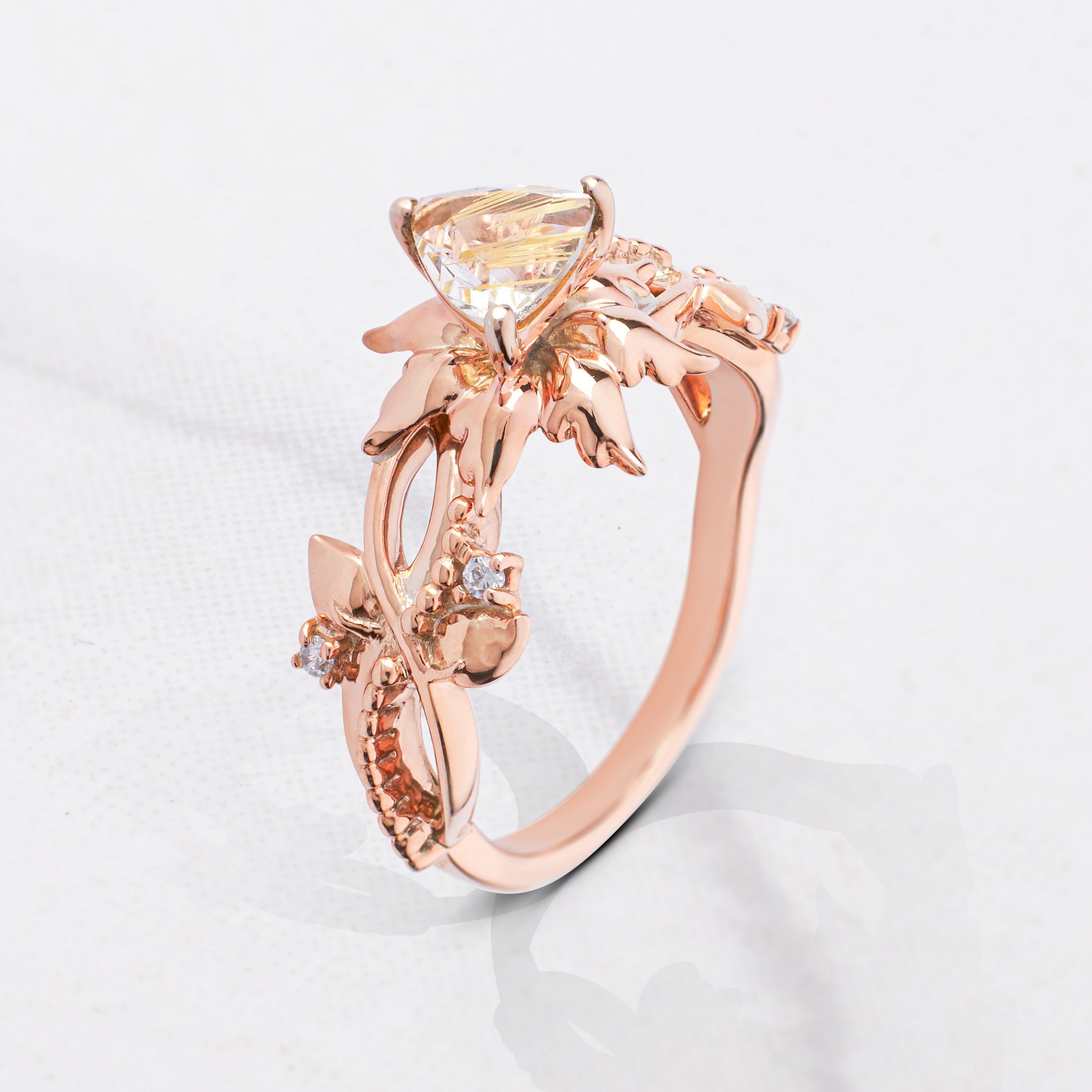 Yellow Rutilated Quartz Ring Floral Flower Art Deco Engagement Rings Rose Gold Infinity
