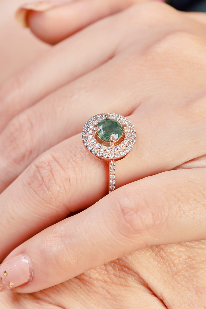 0.80CT Moss Agate Engagement Ring Set Double Halo Moissanite