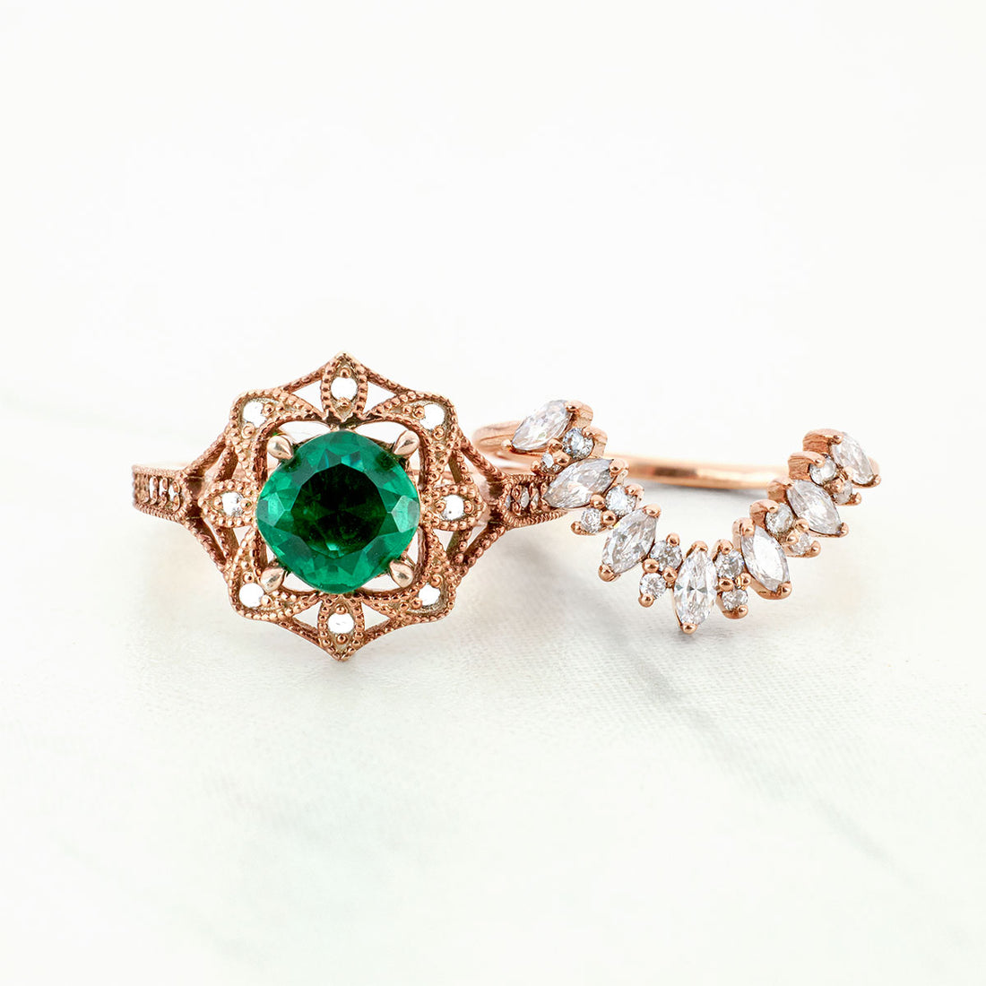 Milgrain Art Deco Engagement Ring Set Green Emerald Vintage Bridal Rings