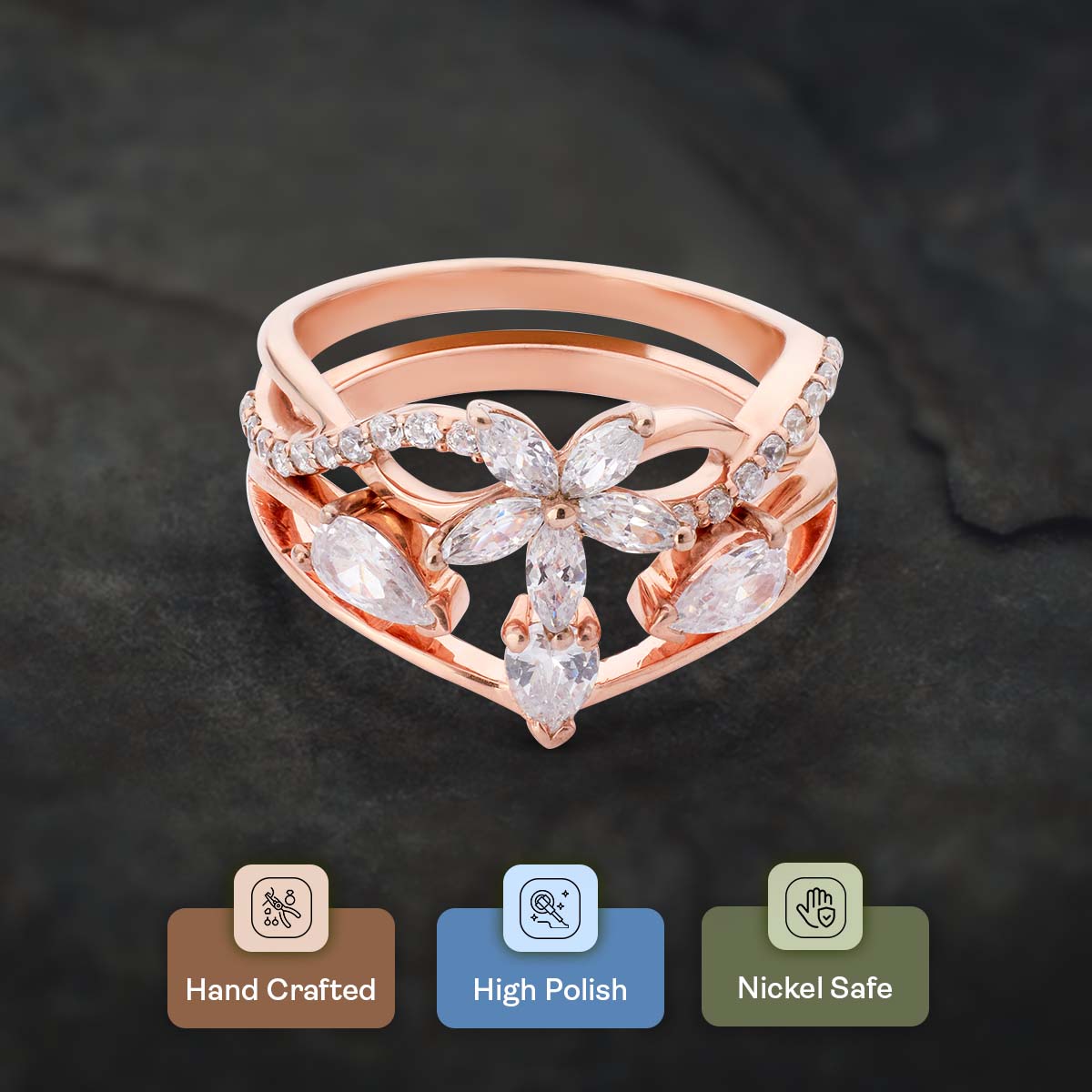 Blossom Flower Engagement Ring Set 3 Stone Wedding Band Bridal Sets Rose Gold