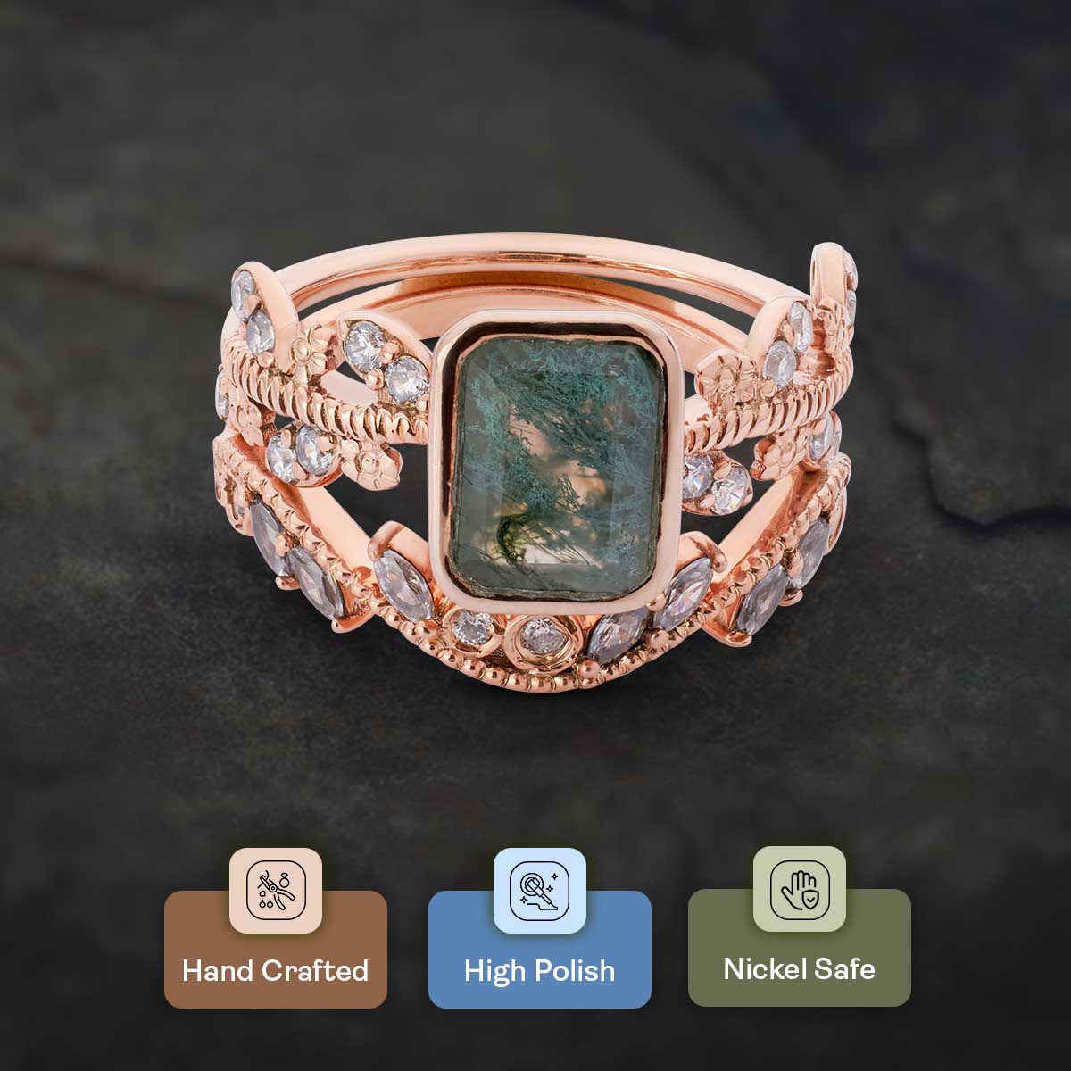 Natural Moss Agate and Moissanite Vintage Engagement Ring Set