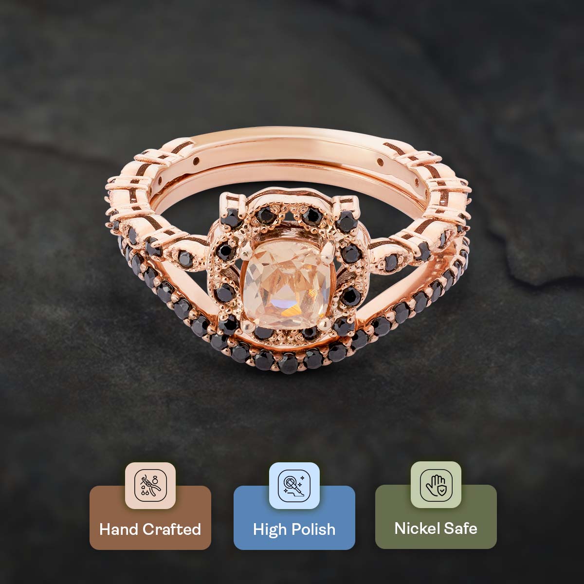 Vintage Engagement Ring Set 14k Rose Gold Cushion Cut CZ