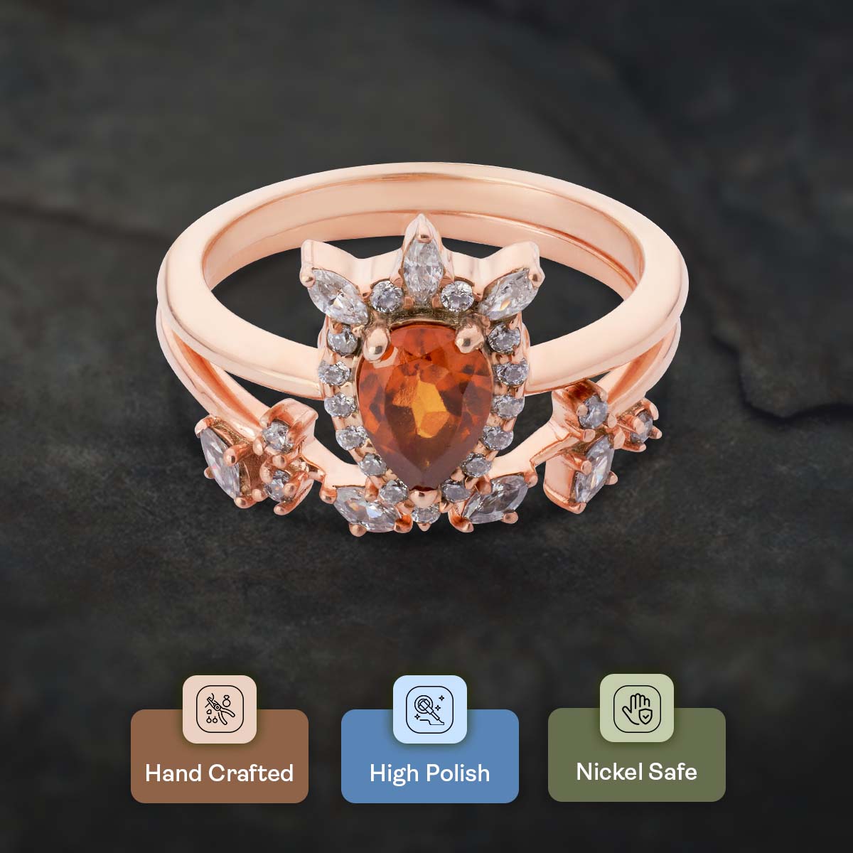 Teardrop Hessonite Engagement Ring Rose Gold Halo Bridal Set