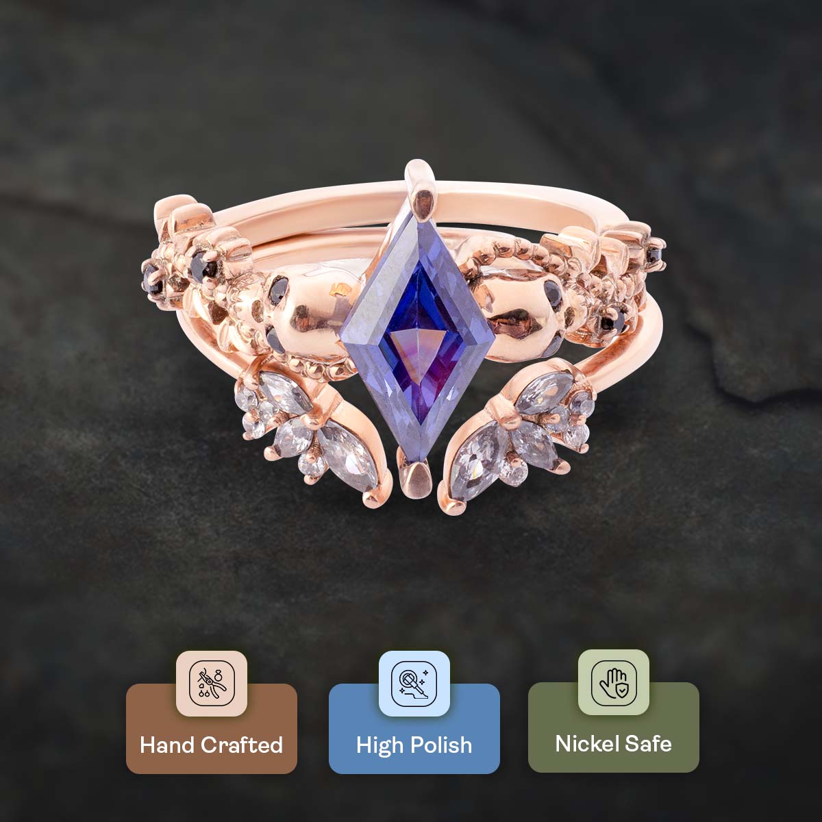 Goth Skull Bridal Ring Set Floral Kite Cut Blue Titanic Gemstone