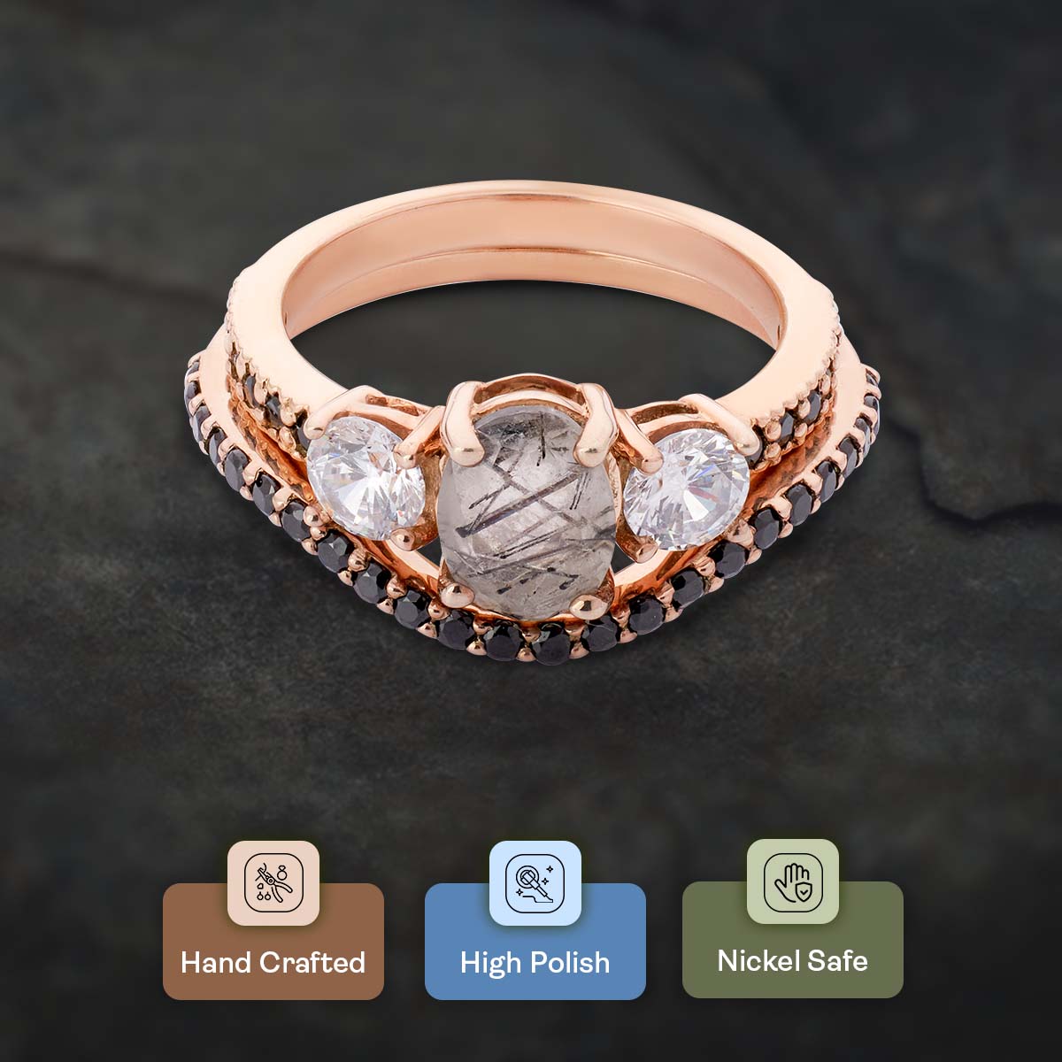 Rutilated Quartz Engagement Ring Set 3 Stone Bridal Rings