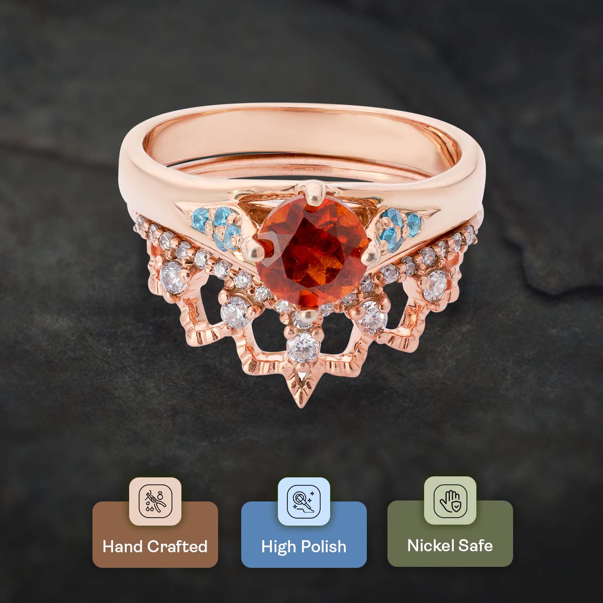 Cocktail Engagement Ring Set Orange Sapphire Bridal Rings