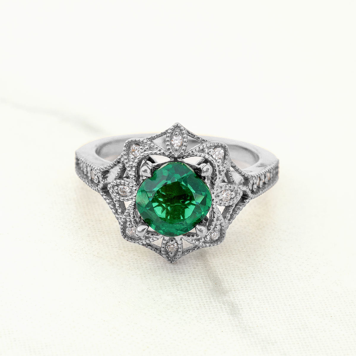 Women's Vintage Engagement Rings Cushion Cut Green Emerald Milgrain Art Deco Rose Gold