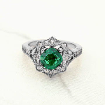 Women's Vintage Engagement Rings Cushion Cut Green Emerald Milgrain Art Deco Rose Gold