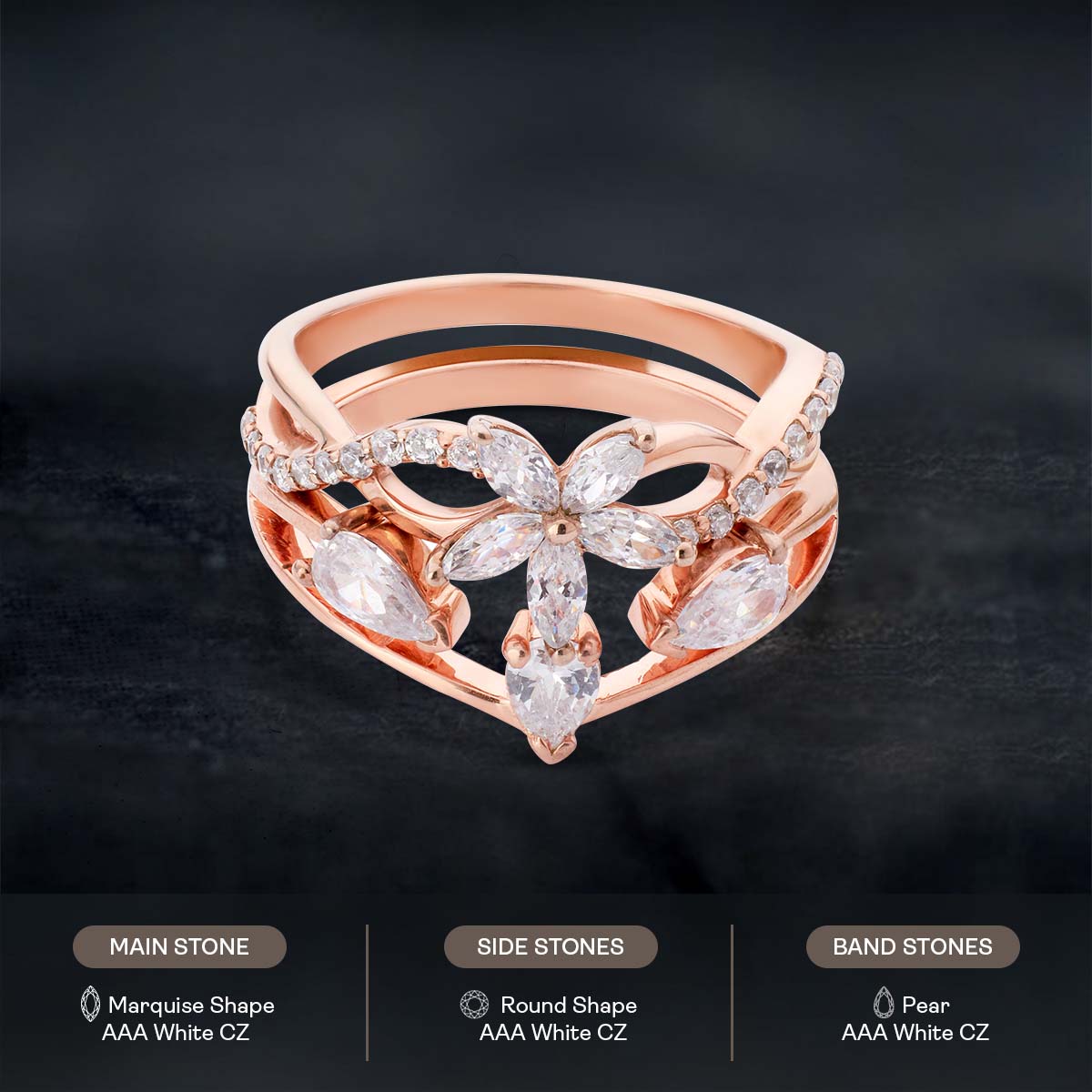 Blossom Flower Engagement Ring Set 3 Stone Wedding Band Bridal Sets Rose Gold