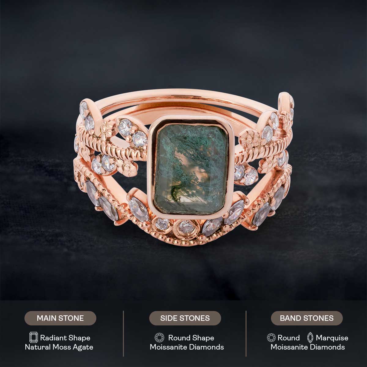 Natural Moss Agate and Moissanite Vintage Engagement Ring Set