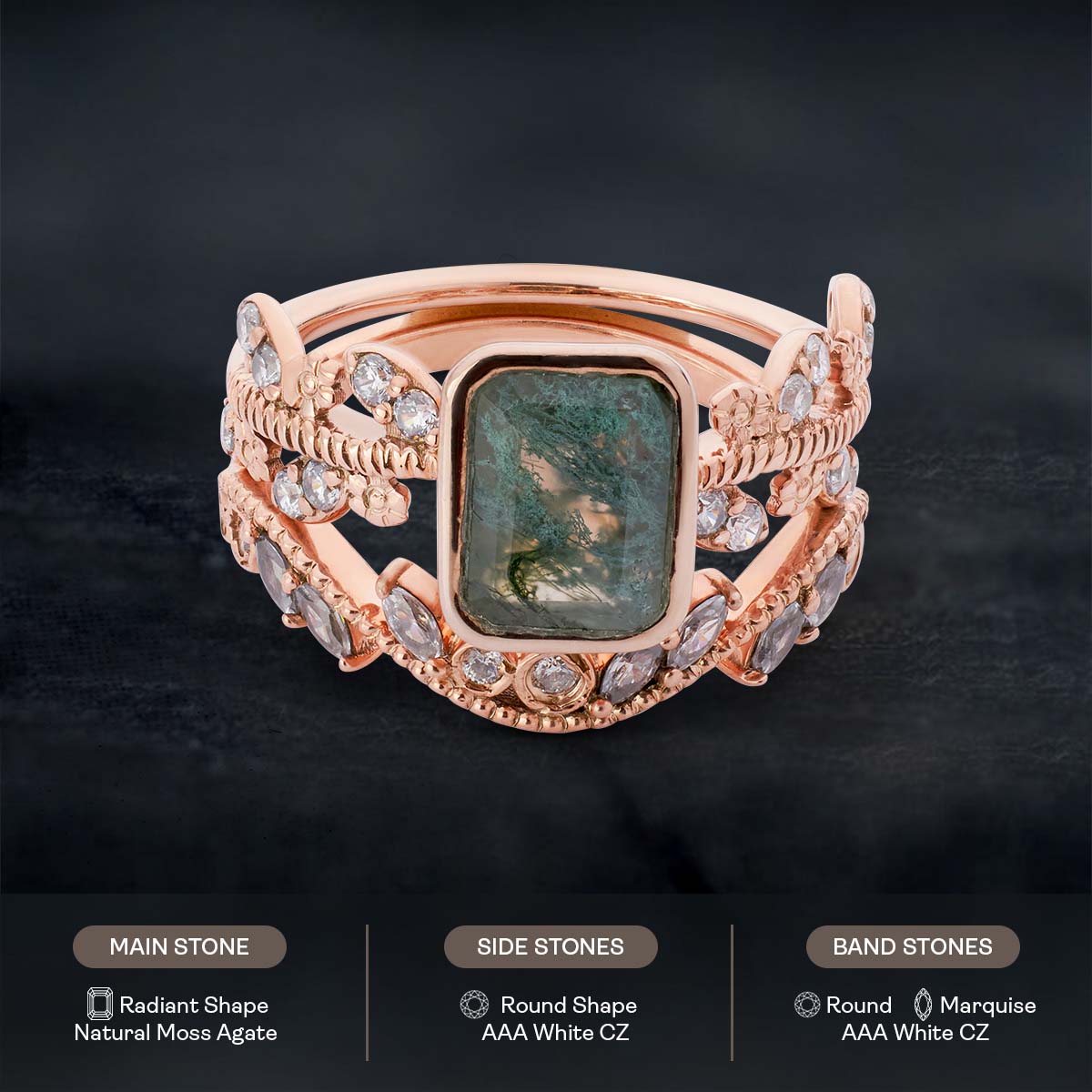 Natural Moss Agate and Moissanite Vintage Engagement Ring Set