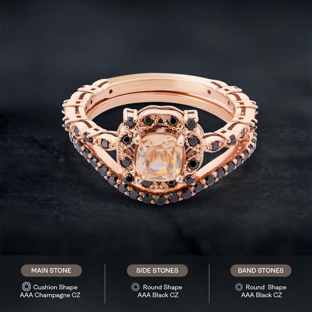 Vintage Engagement Ring Set 14k Rose Gold Cushion Cut CZ