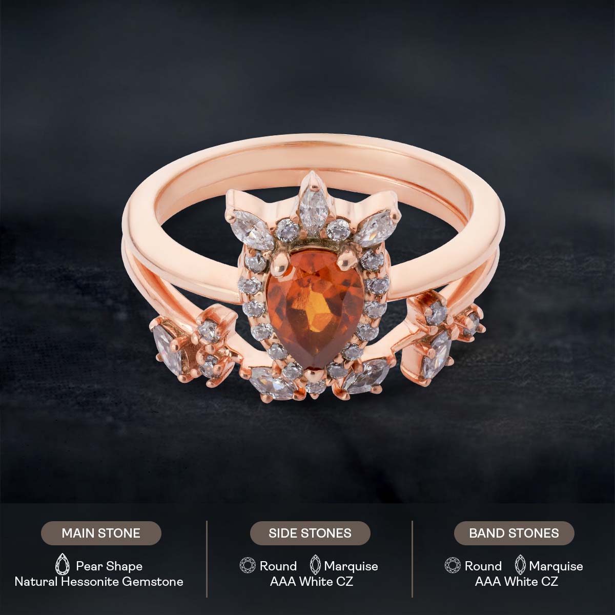 Teardrop Hessonite Engagement Ring Rose Gold Halo Bridal Set